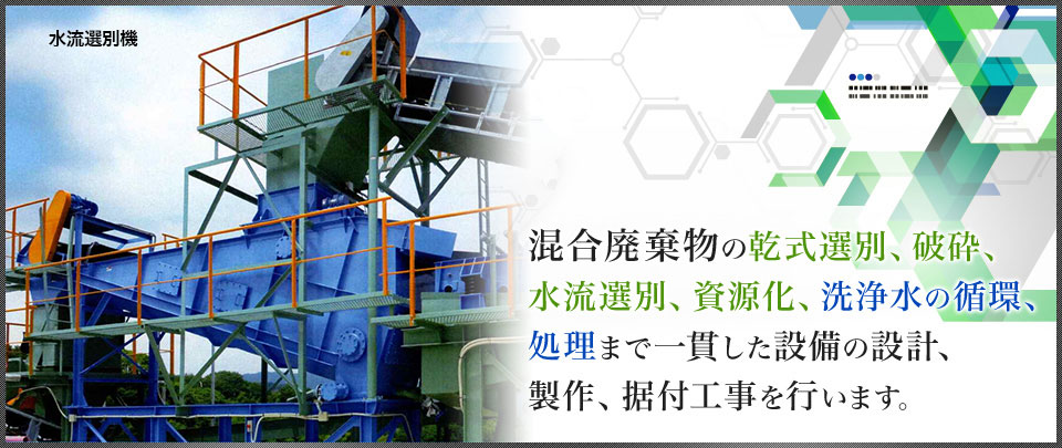 混合廃棄物の乾式選別、破砕、水流選別、資源化、洗浄水の循環、処理まで一貫した設備の設計、製作、施工工事を行います。
